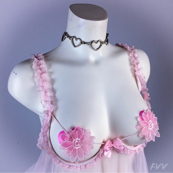 90's Pastel Baby Pink Daisy Pasties Underwire Lace Bra Babydoll Mini Dress - Picture 2 of 10